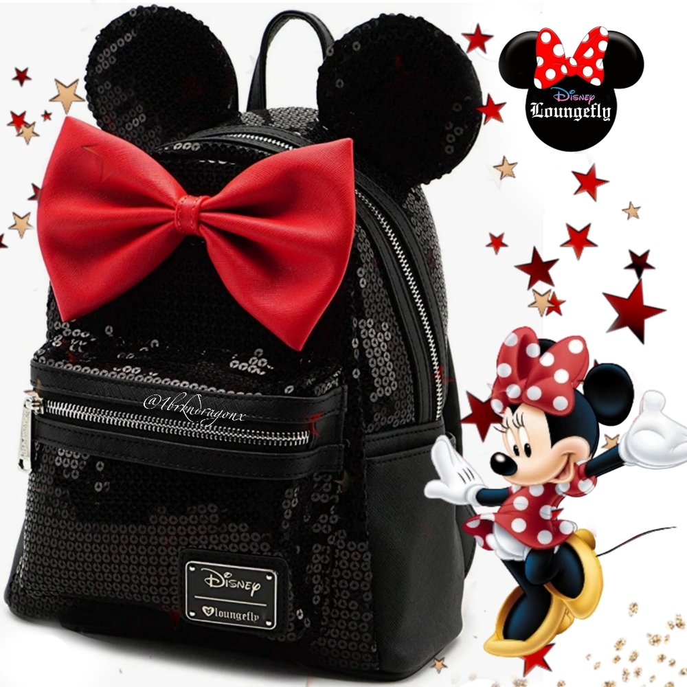 NWT Disney Parks Loungefly Sequin Minnie Mouse Backpack Black Red Sparkle Galore - Picture 15 of 15